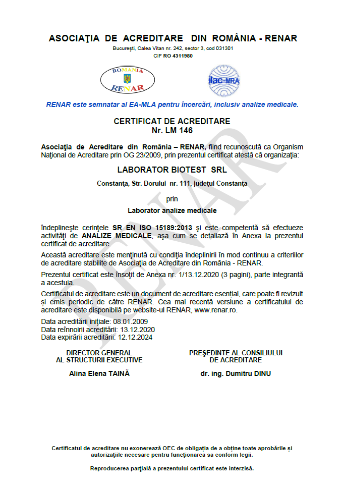 Certificat acreditare Biotest Constanta Certificat acreditare Biotest Constanta