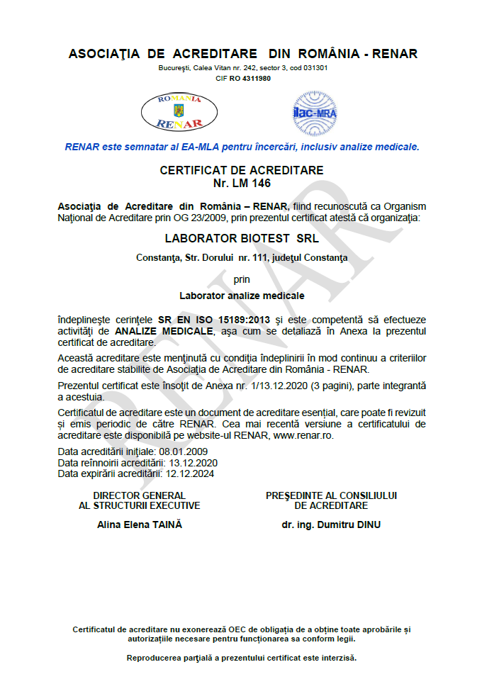 Certificat acreditare Biotest Constanta